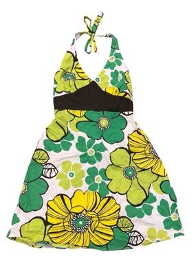 George XL Green Yellow Floral Halter Dress Cotton Stretch Retro Boho